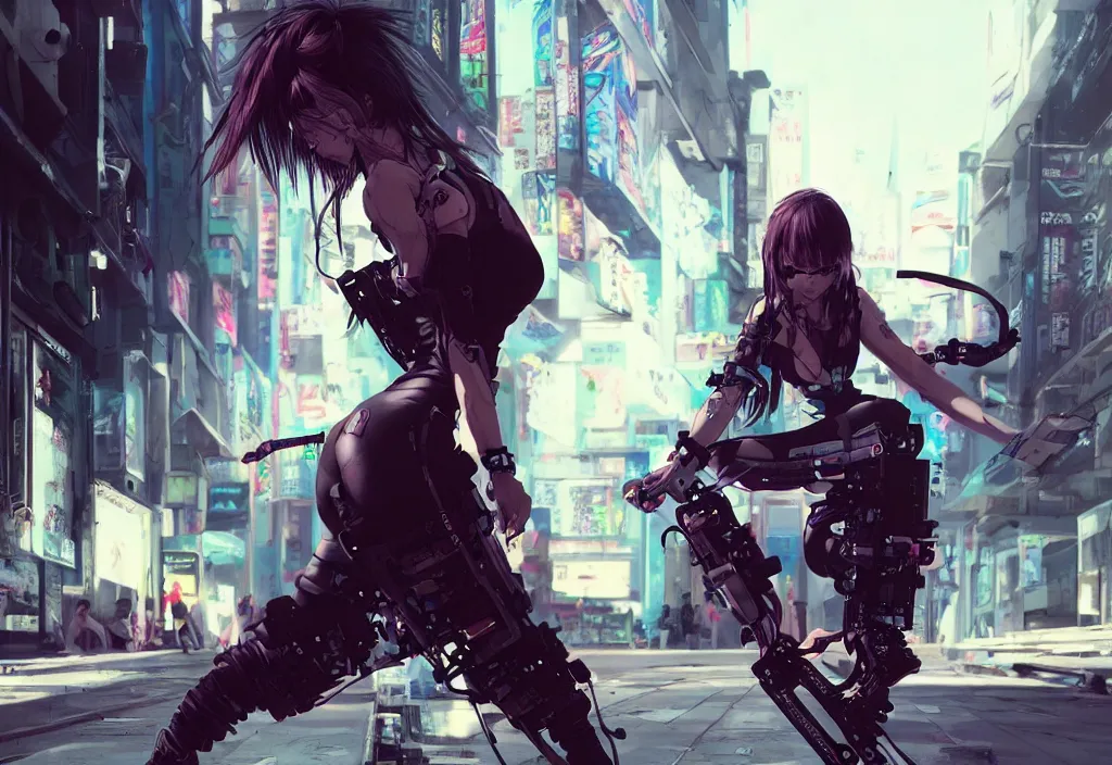 Image similar to hyper - realistic cyberpunk anime woman flip skateboard, sport, action tokyo street, extreme detail, good face, model, concept art, in style of yoji shinkawa, pan ren wei, col price, atey ghailan, by greg rutkowski, aesthetic