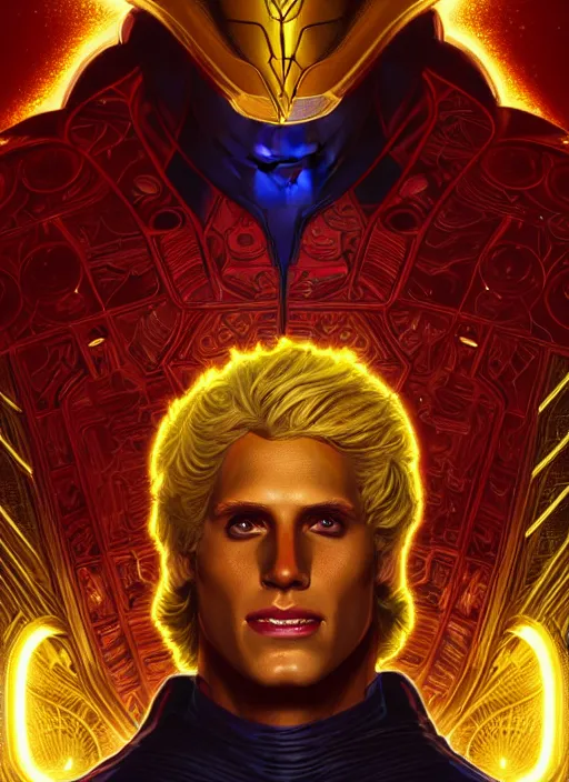 Prompt: portrait of Marvel's Adam Warlock, gold sci-fi armour, tech wear, glowing lights!! sci-fi, intricate, elegant, highly detailed, digital painting, artstation, concept art, smooth, sharp focus, illustration, art by artgerm and greg rutkowski and alphonse mucha