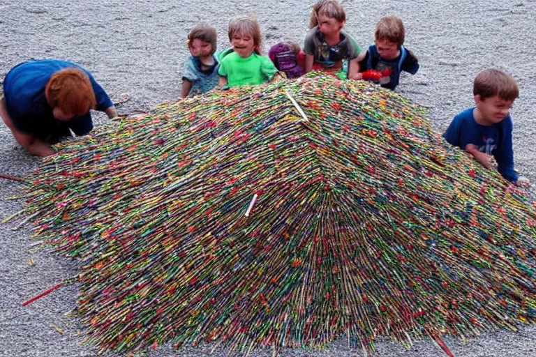 Prompt: a child made out of needles surrounded by people made of haystacks