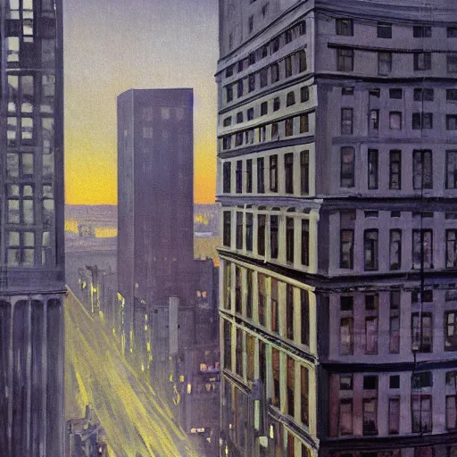 Image similar to muted color ultra realistic painting of a balcony view of 1 9 2 5 boston downtown at night, the sky is distorted and broken like a smashed mirror, dark, brooding, night, atmospheric, ultra - realistic, smooth, highly detailed in the style of clyde caldwell