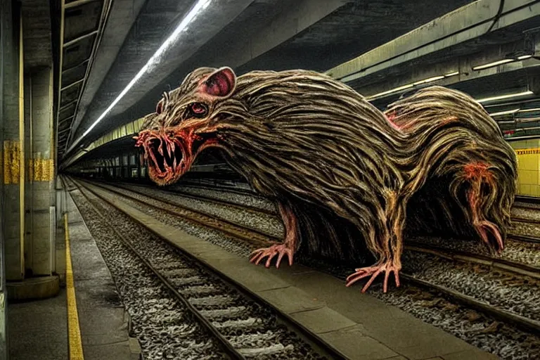 Prompt: very large giant mutant zombie irradiated ( angry rat ) staying on railways in tonnel of moscow subway. tonnel, railways, giant angry rat, furr, fangs, very realistic. extreme long shot, rusty colors, ( herman nitsch, giger )