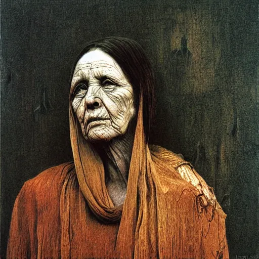 Prompt: portrait of 450 years old girl, painting by Beksinski