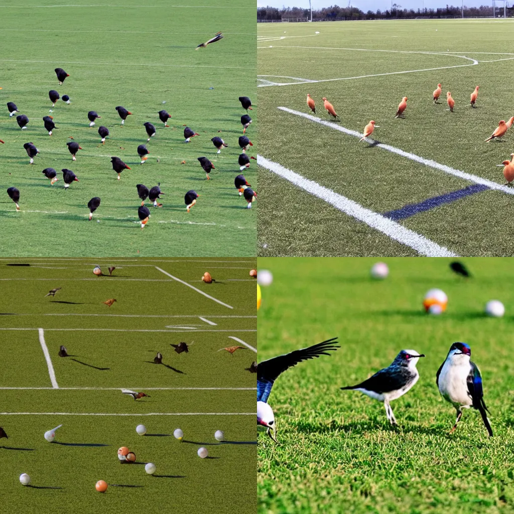 Prompt: Photo of birds playing football in the middle of a field with a miniature ball, making loud expressions with their faces