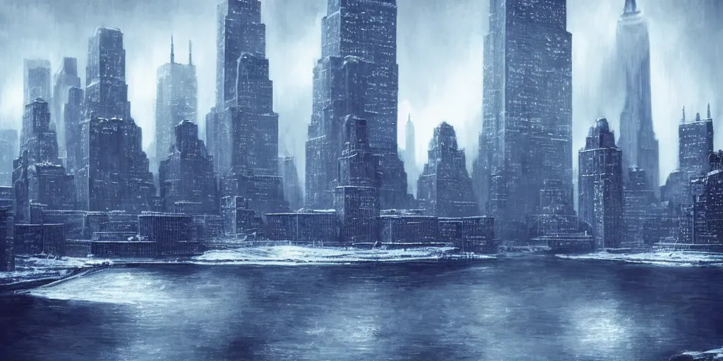 Image similar to nuclear winter, new york city, near future, fantasy, sci - fi, hyper realistic, serene.