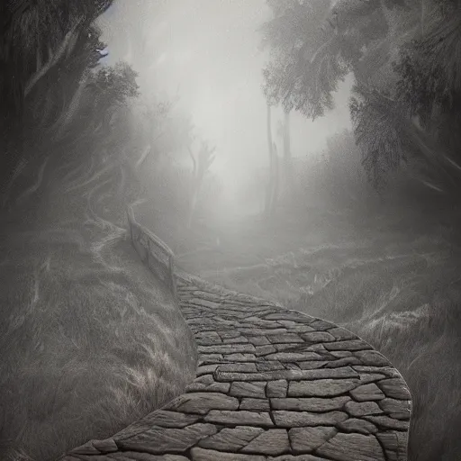 Prompt: a long winding pathway with no terrain on either side, creepy, gloomy, nightmare, dark rocks, dusty, sepia tones, with a mysterious dark castle at the of the path, digital art, 8 k, concept art, trending on artstation