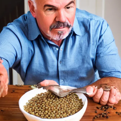 Image similar to Dave Ramsey eating a bowl of cooked lentils, unhappy, dirty house, wearing dirty clothes, realistic, 4K, highly detailed,