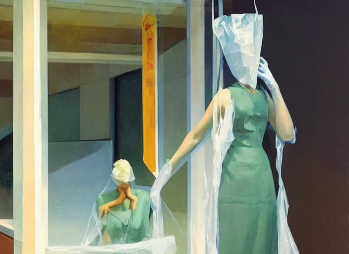 Image similar to woman in a translucent dress made from plastic bag holding ice cream with paper bags for clothes standing inside paper bags with paper bag over the head at store display Edward Hopper and James Gilleard, Zdzislaw Beksinski, highly detailed