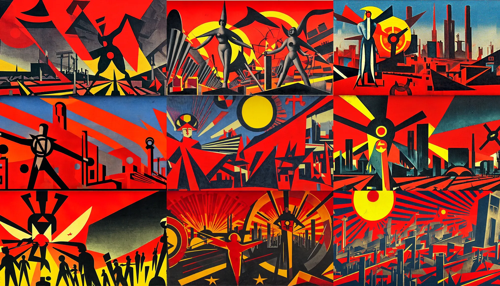 Prompt: totalitarian socialist angel, futurism bright idealistic art deco dawn sunburst style, anarcho - communist heaven, red and black flags, modernist factories in background, art by max ernst, cnt spanish civil war era propaganda, extremely detailed, 4 k