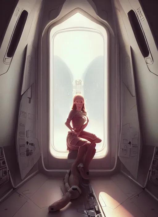 Prompt: woman sitting on a spaceship window, beautiful detailed dress, close face portrait, beautiful model girl, smiling, by artgerm, by wlop, by greg rutkowski, octane render, digital art