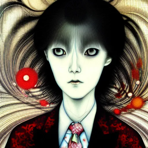 Image similar to yoshitaka amano blurred and dreamy realistic portrait of a woman with black eyes and white hair wearing dress suit with tie, junji ito abstract patterns in the background, satoshi kon anime, noisy film grain effect, highly detailed, renaissance oil painting, weird portrait angle, blurred lost edges, three quarter view