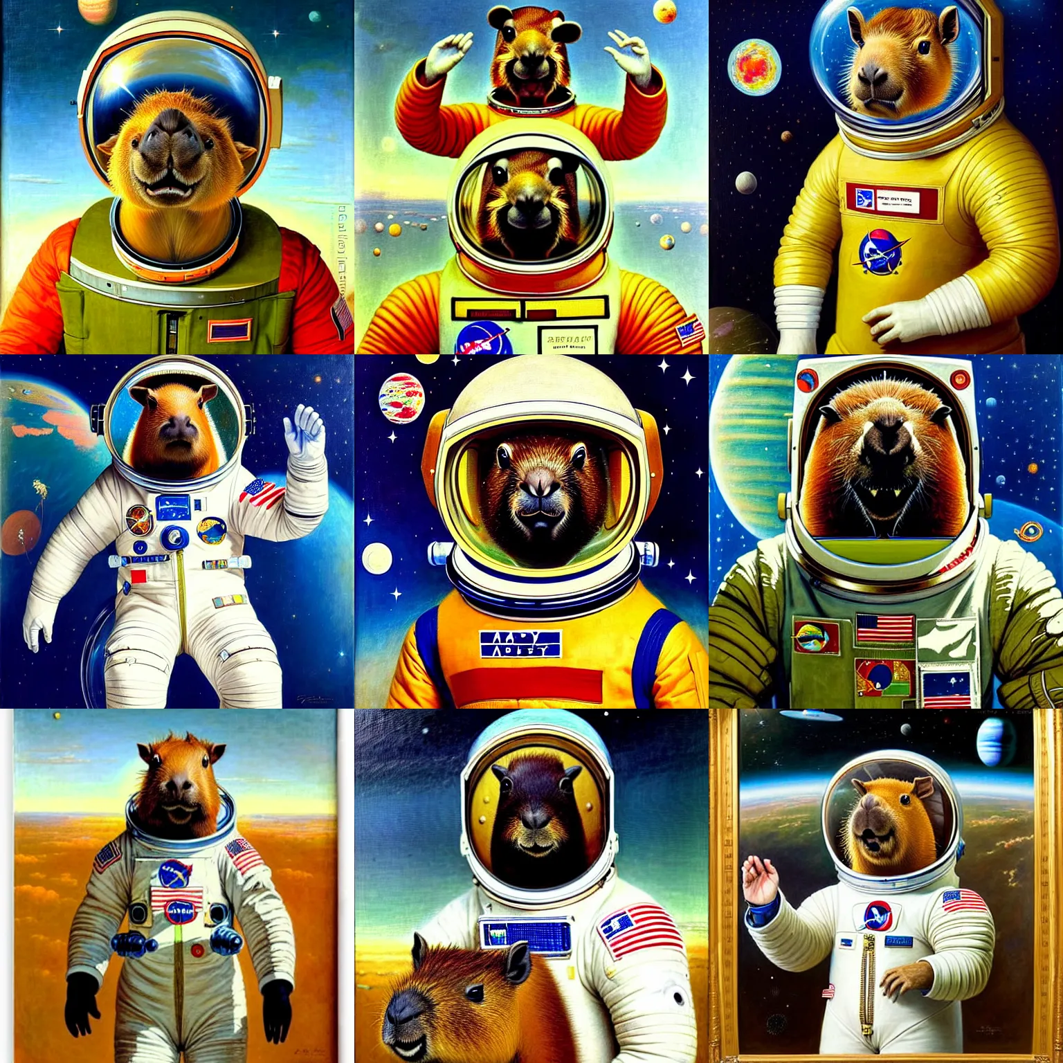 Prompt: a beautifully detailed and charming portrait of a happy capybara astronaut in a spacesuit saluting, super cute, new modern, pop surrealism, oil painting, by eugene de blaas
