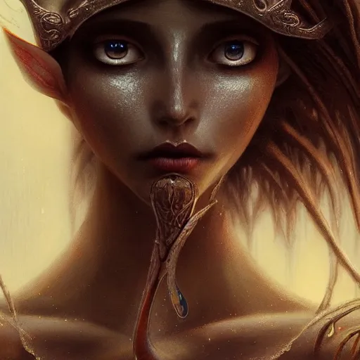 Image similar to A beautiful and mysterious elf maiden, digital painting, close up, details, sharp focus, elegant, highly detailed, illustration, intricate, Trends on artstation, pixiv, and digital art, by Beksinski