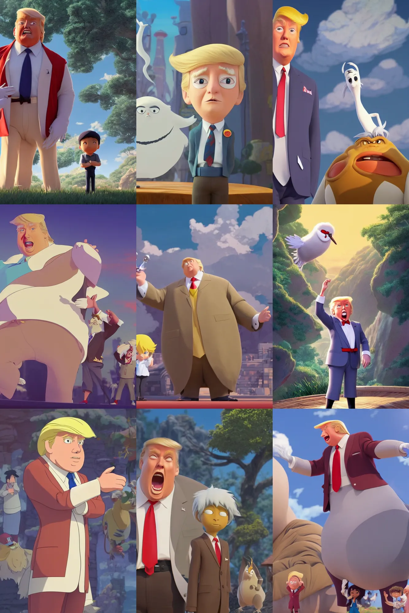 Prompt: a donald trump as mr nimbus, in studio ghibli, pixar and disney animation character design, sharp, rendered in unreal engine 5, anime key art by glen keane, ross tran, bloom, dramatic lighting, sunrise