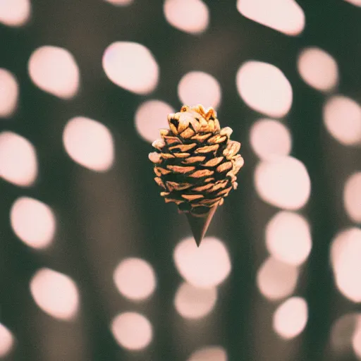 Prompt: a photograph of a levitating ice cream cone, with a pine cone in place of ice cream. shallow depth - of - field.