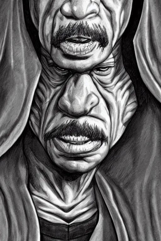 Image similar to portrait of Danny Trejo as church nun, highly detailed, artstation, manga illustration by Kentaro Miura berserk