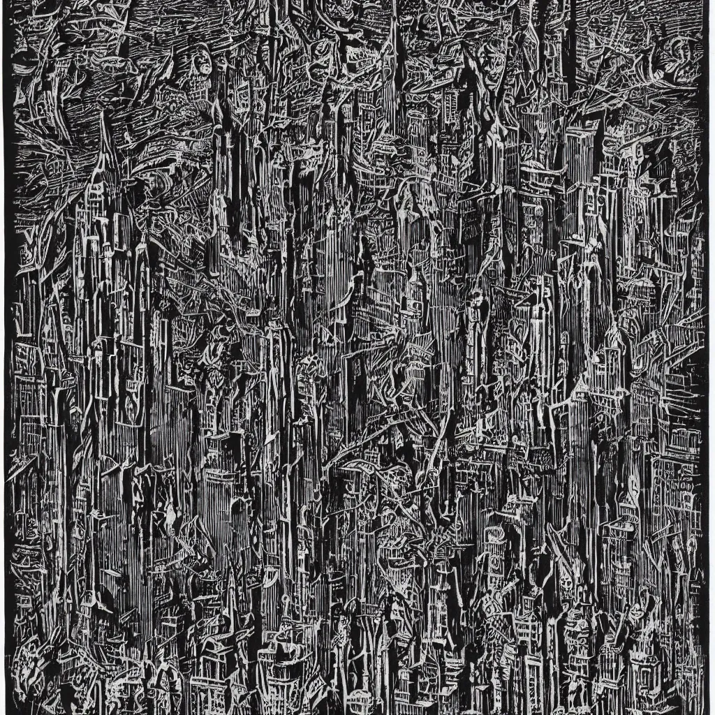 Prompt: giger new york series woodcut