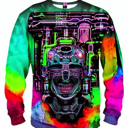 Image similar to black tshirt with a hyperdetailed portrait of a trippy diesel punk robot, 8 k, symetrical, flourescent colors, halluzinogenic, multicolored,