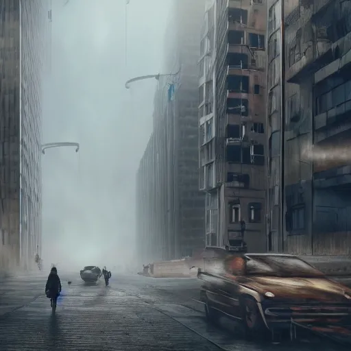 Prompt: hyperrealistic matte painting of a desolate city street, lone travelers walking under massive buildings that reach the sky, intricate detail, long street, glass buildings, vr, fog, graffiti, cyberpunk ads, piping, 8 k resolution, technological, endless street, by hugh ferris, cyberpunk style, smooth, octane, concept art, trending on artstation