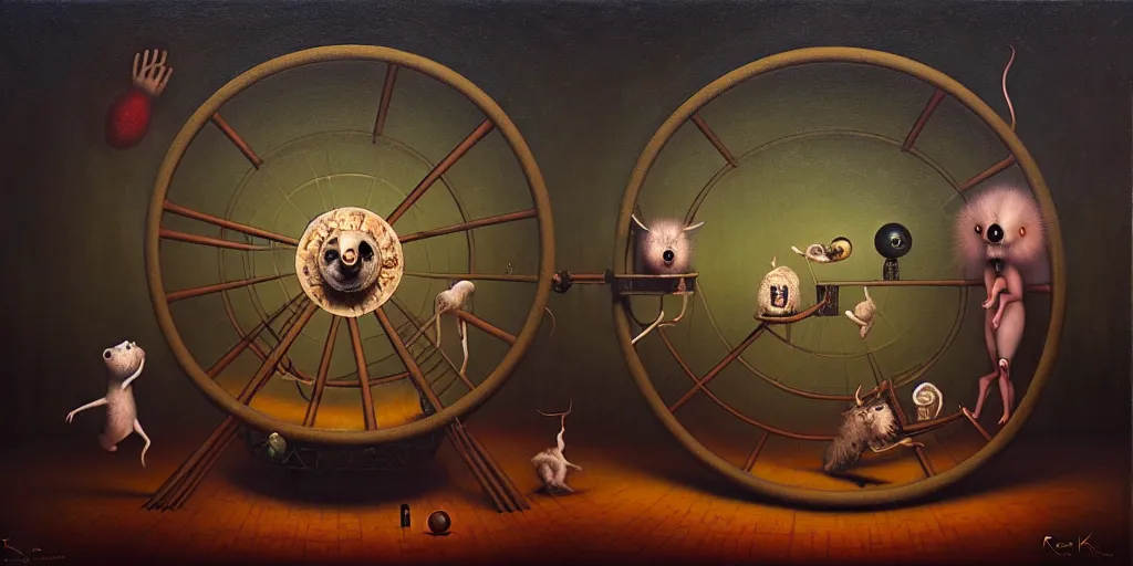 Image similar to trapped on the hedonic treadmill like a hamster on a wheel, dark surreal oil painting by ronny khalil, shaun tan, and leonora carrington