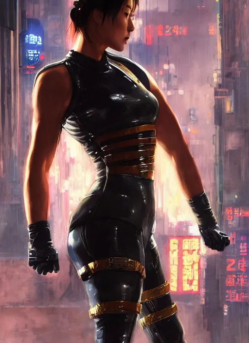 Image similar to chun li high kick. cyberpunk police trooper in a military vest ( blade runner 2 0 4 9, cyberpunk 2 0 7 7 ). orientalist portrait by john william waterhouse and james gurney and theodore ralli and nasreddine dinet, oil on canvas. cinematic, hyper realism, realistic proportions, dramatic lighting, high detail 4 k