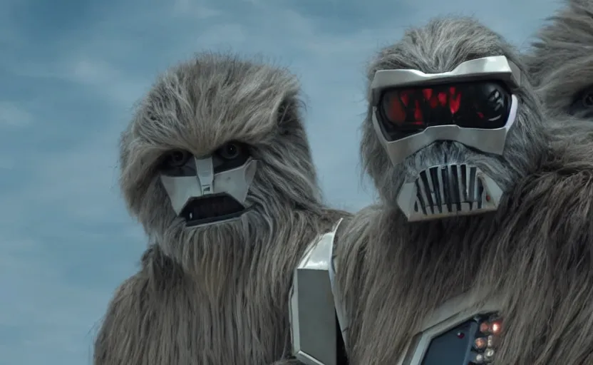 Prompt: still image screenshot portrait of wookies on mandalore, from the tv show mandalorian on disney +, scene in front of a strange building, moody mining planet, at - at imperial walkers, invading kashyyyk, anamorphic lens, hyper detailed imax sharp film kodak