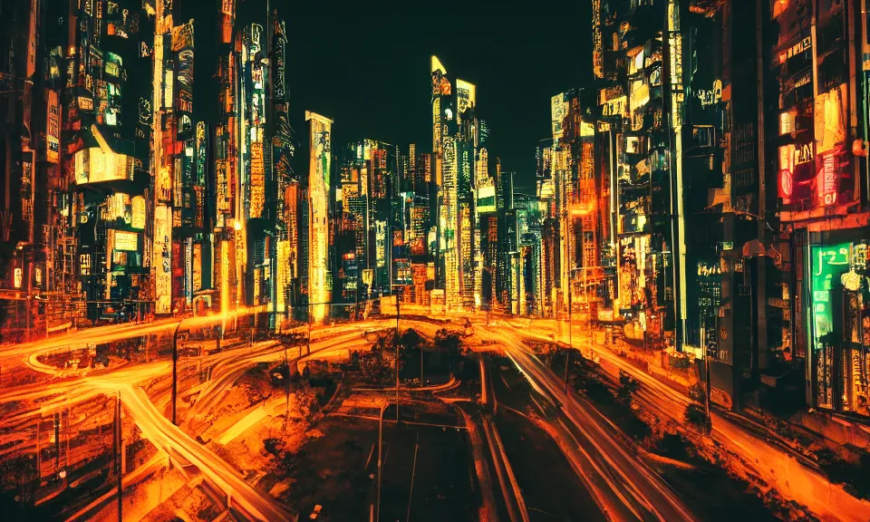 Image similar to photo of a cyberpunk city at night, long exposure photograph, 4k, grainy, film photography
