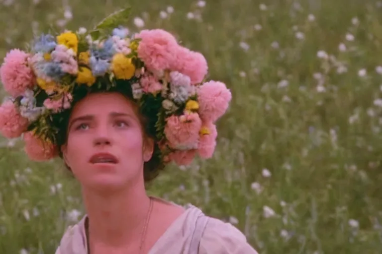 Image similar to vhs 1 9 8 0 s cinema footage of a woman wearing a giant flower crown surrounding around her head, scene from the movie midsommar, directed by ari aster, vintage film grain