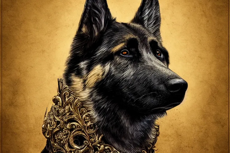 Prompt: portrait of a German Shepherd dog, in style of Dark Souls 3, insanely detailed and intricate, golden ratio, elegant, ornate, luxury, elite, ominous, haunting, matte painting, cinematic, cgsociety, James jean, Brian froud, ross tran, Laputa, vivid and vibrant