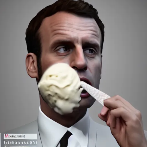 Image similar to Ice cream Emmanuel Macron wearing katanad, realistic, photo studio, HDR, 8k, trending on artstation