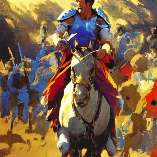 Prompt: mel gibson as rider with couched jousting lance, colorful caparisons, chainmail, detailed by greg manchess, craig mullins, bernie fuchs, walter everett