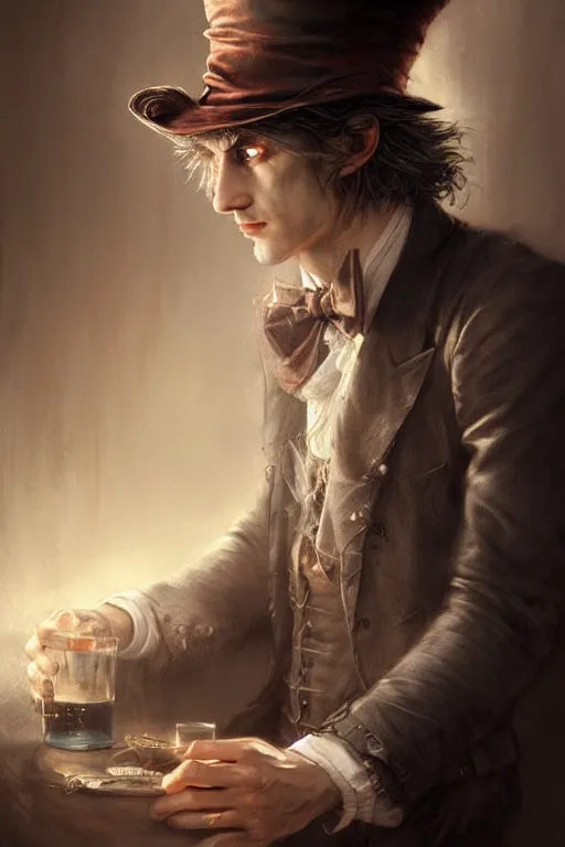 Image similar to mad hatter, portrait of young man, tavern, by wlop, by luis royo, by peter mohrbacher, concept art, digital illustration, intricate, masterpiece, elegant, super detailed, unreal engine rendering, smooth, sharp focus, artstation hq