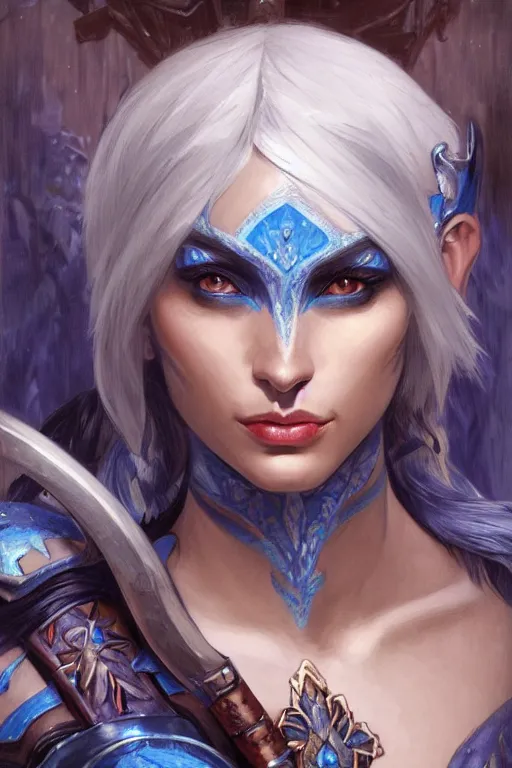 Prompt: painted close up portrait of drow ranger, blue skin, beautiful, dangerous, stoic, blue leather armor, ice arrows, jungle, fantasy, intricate, elegant, highly detailed, digital painting, artstation, concept art, smooth, sharp focus, illustration, art by gaston bussiere and alphonse mucha