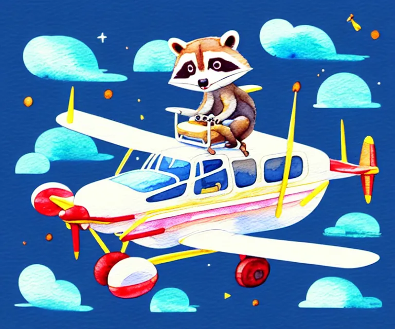 Prompt: cute and funny, racoon riding in a tiny airplane with oversized engines, centered award winning watercolor pen illustration, isometric illustration by chihiro iwasaki, edited by range murata, tiny details by artgerm and watercolor girl, symmetrically isometrically centered