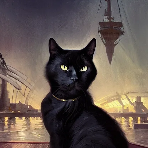 Image similar to beautiful black cat sitting on the deck of a fantasy ship, naval background, portrait, elegant, intricate, digital painting, artstation, concept art, smooth, sharp focus, illustration, art by artgerm and greg rutkowski and alphonse mucha