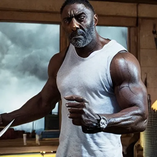 Image similar to film still of Idris Elba as Wolverine with adamantium claws in new Logan movie, cinematic