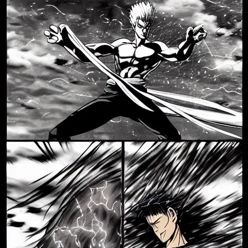 Image similar to dramatic action lines drawing of saitama charging up a punch, black rain and guts are raining down the sky