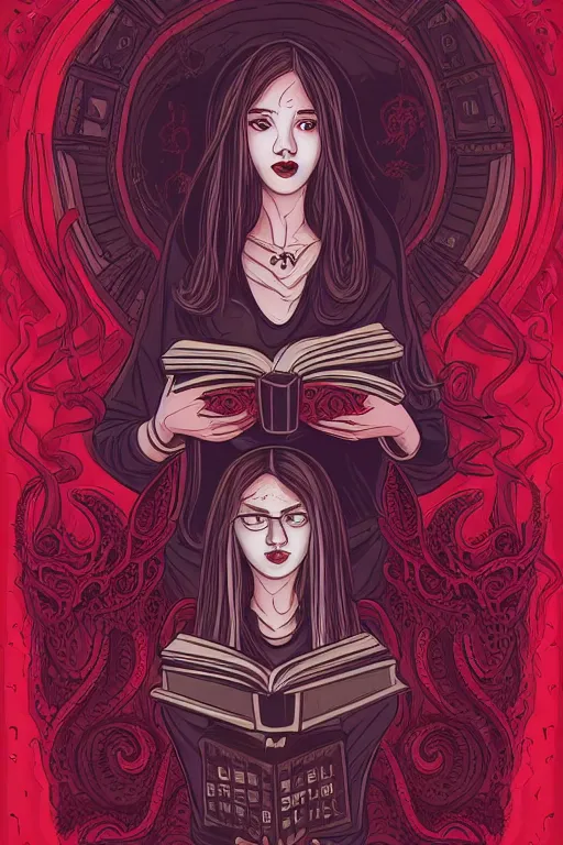 Image similar to ai illustration of romantic girl, her cat and her book of necronomicon, symmetrical, cinematic, sharp focus, 4 k, ultra hd, sense of awe, sinister demonic atmosphere, dreadful, forbidden knowledge, old gods, cthulhu, yog - sothoth! yah, yah, yah! cultist journal cover