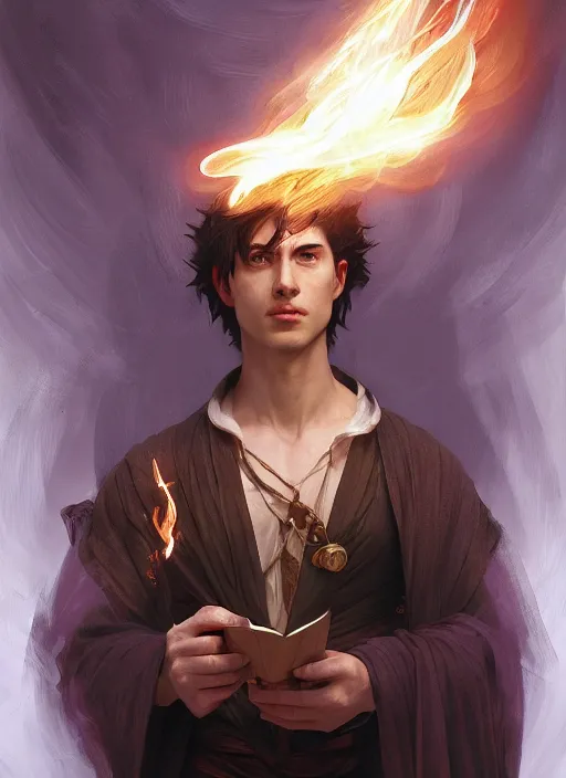 Image similar to character concept portrait of an attractive young angry Spanish wizard with pale red skin enchanting a flaming spell, a floating iridescent spell book in the center, intricate, elegant, digital painting, concept art, smooth, sharp focus, illustration, from Metal Gear, by Ruan Jia and Mandy Jurgens and William-Adolphe Bouguereau, Artgerm