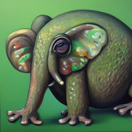 Image similar to frog - elephant creature, oil painting