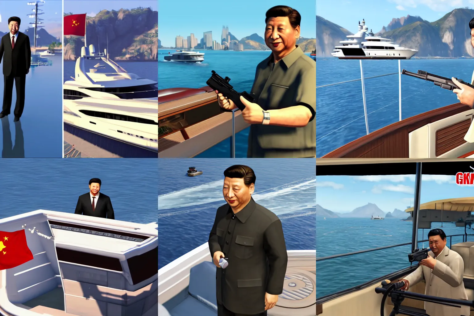 Prompt: Xi Jinping with a handgun on a yacht deck, GTA V gameplay screenshot, sharp, Unreal Engine 5, very detailed shading