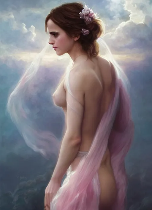 Image similar to emma watson as nature magic celestial, bottom up pose, long hair, soft pink and white transparent cloth, space, D&D, shiny background, intricate, elegant, highly detailed, digital painting, artstation, concept art, smooth, sharp focus, illustration, artgerm, bouguereau