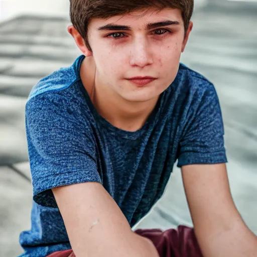 Image similar to portrait of a boy around 20 yo. Natural brown hair, net tanktop. Detailed face. Blue sky background. Foto 8K