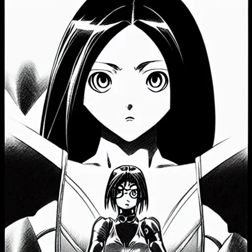 Image similar to alita by yukito kishiro. medium shot. black and white manga. pencil drawing.