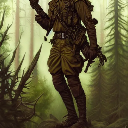 Prompt: male soldier in the forest, by gerald brom!!!, D&D, fantasy, intricate, elegant, highly detailed, digital painting, artstation, concept art, matte, sharp focus, illustration