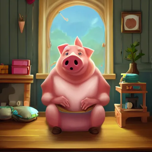 Prompt: a cartoonish cute anthropomorphic pig gaming on a smartphone, in a comfy house, warm lighting, magical atmosphere, trending on artstation, 30mm, by Noah Bradley trending on ArtStation, deviantart, high detail, stylized portrait