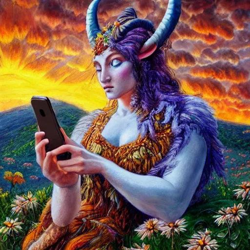 Prompt: painting by senior concept artist josephine wall, horned ram goddess checking her cell phone, erupting volcano and sunset in distance in background, flowers in foreground, trending on artstation, zodiac, fantasy, acrylic on canvas, intricately detailed, highly detailed, high resolution, 8 k,