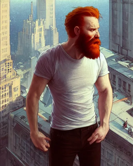 Image similar to wide angle of attractive red - headed bearded man wearing a white t - shirt levitating over the street below, arms spread wide, highly detailed, digital painting, artstation, concept art, smooth, sharp focus, illustration, art by artgerm, greg rutkowski, alphonse mucha, j. c. leyendecker