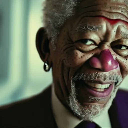 Image similar to a film still of Morgan Freeman starring as The Joker, 40mm lens, shallow depth of field, split lighting, cinematic