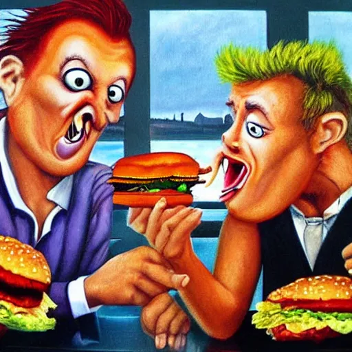 Image similar to beautiful lifelike painting of grave jones and johnny rotten eating burgers in france, hyperreal detailed facial features and uv lighting, art by ed roth and basil wolverton