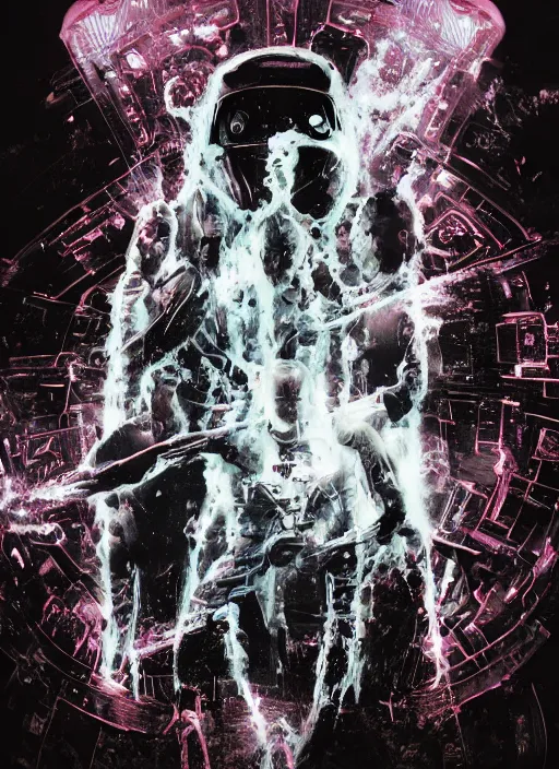 Image similar to astronauts in dark minimalists underwater - hyperdetailed suit. reflection and dispersion plastic materials. water bubbles. rays and dispersion of light. volumetric light. 5 0 mm, f / 3 2. noise film photo. flash photography. ultra realistic, wide angle. poster by wayne barlowe, hajime sorayama aaron horkey, craig mullins. dark key.